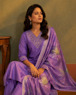 NIHARA Women Purple Cotton Blend Embroidered Straight Kurta with Pant & Organza Jacquard Printed Dupatta