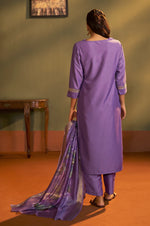 NIHARA Women Purple Cotton Blend Embroidered Straight Kurta with Pant & Organza Jacquard Printed Dupatta