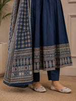 NIHARA Women's Navy Blue Printed Cotton Blend Anarkali Kurta Set with Dupatta