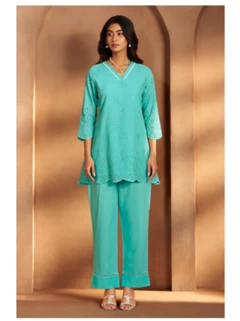 Aqua Blue Schiffli Embroidered Co-Ord Set for Women