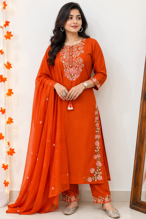 Rust Embroidered Kurta Set
